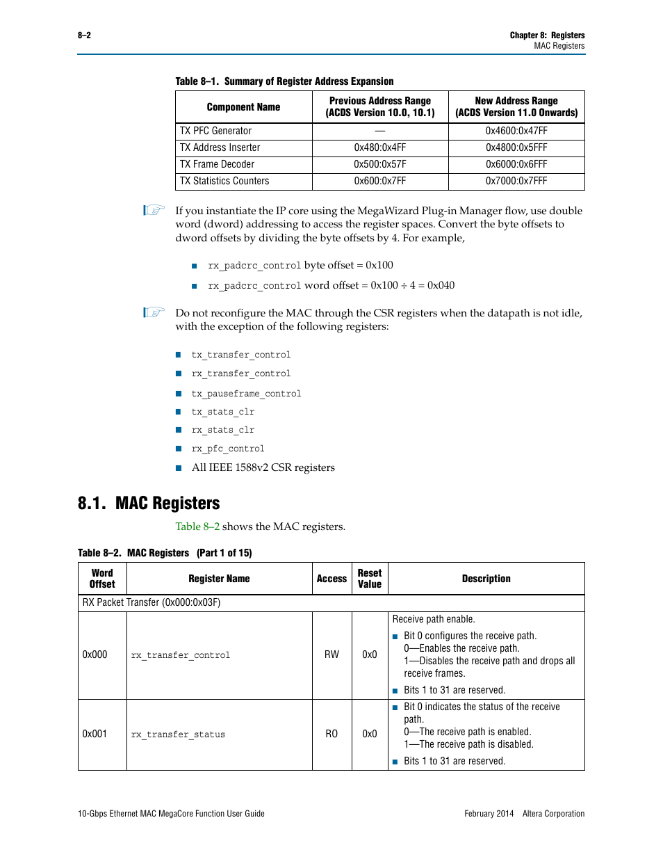 Mac registers, Mac registers –2, Refer to | Altera 10-Gbps Ethernet MAC MegaCore Function User Manual | Page 96 / 175