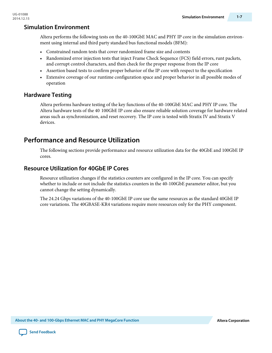 Simulation environment, Hardware testing, Performance and resource utilization | Resource utilization for 40gbe ip cores, Simulation environment -7, Hardware testing -7, Performance and resource utilization -7, Resource utilization for 40gbe ip cores -7 | Altera 40-Gbps Ethernet MAC and PHY MegaCore Function User Manual | Page 10 / 199