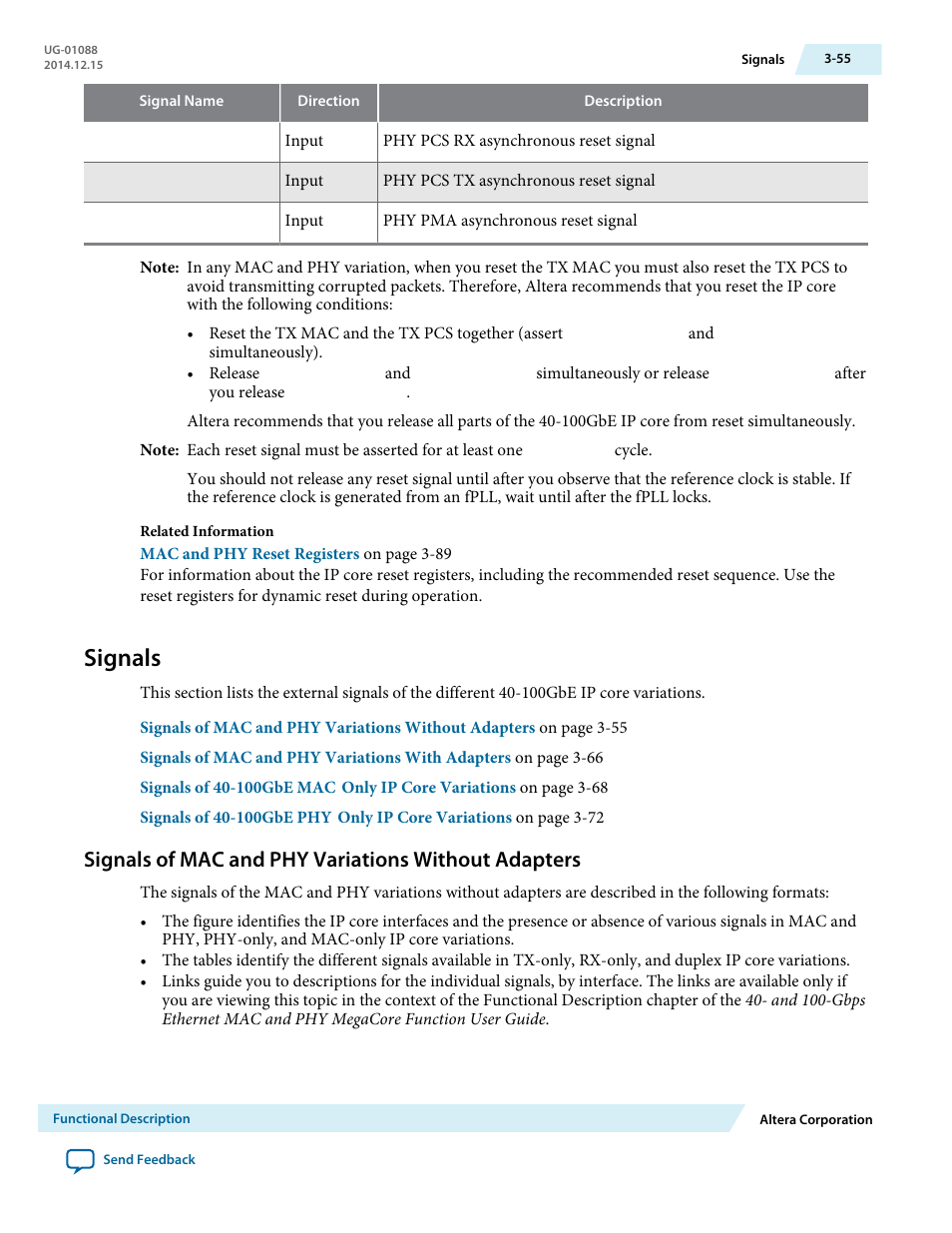 Signals, Signals of mac and phy variations without adapters, Signals -55 | Altera 40-Gbps Ethernet MAC and PHY MegaCore Function User Manual | Page 102 / 199