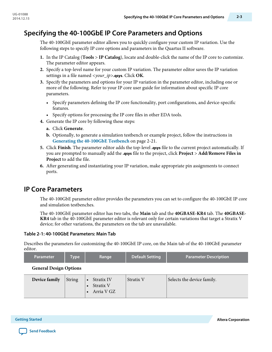 Ip core parameters, Ip core parameters -3 | Altera 40-Gbps Ethernet MAC and PHY MegaCore Function User Manual | Page 25 / 199