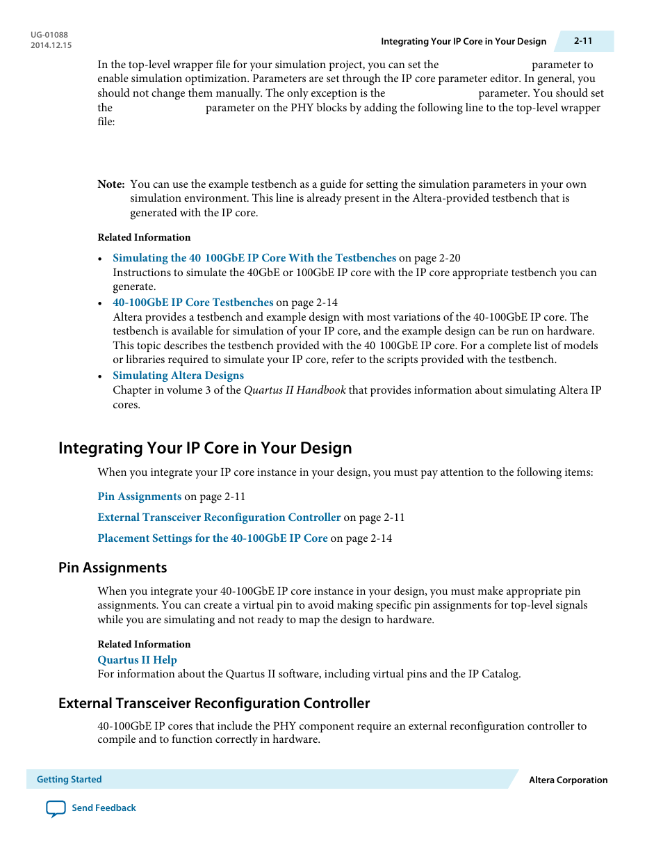 Integrating your ip core in your design, Pin assignments, External transceiver reconfiguration controller | Integrating your ip core in your design -11, Pin assignments -11 | Altera 40-Gbps Ethernet MAC and PHY MegaCore Function User Manual | Page 33 / 199