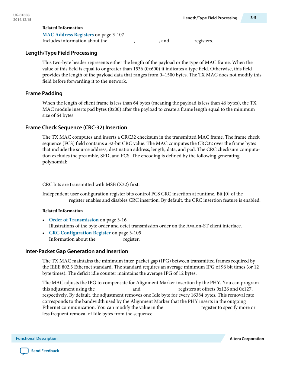 Length/type field processing, Frame padding, Frame check sequence (crc-32) insertion | Inter‑packet gap generation and insertion, Inter-packet gap generation and insertion | Altera 40-Gbps Ethernet MAC and PHY MegaCore Function User Manual | Page 52 / 199