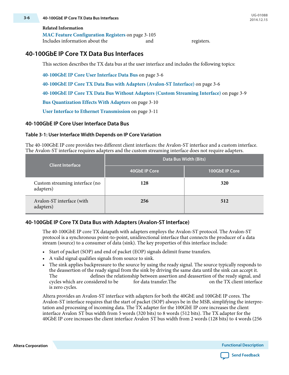 100gbe ip core tx data bus interfaces, 100gbe ip core user interface data bus, 100gbe ip core tx data bus interfaces -6 | Altera 40-Gbps Ethernet MAC and PHY MegaCore Function User Manual | Page 53 / 199