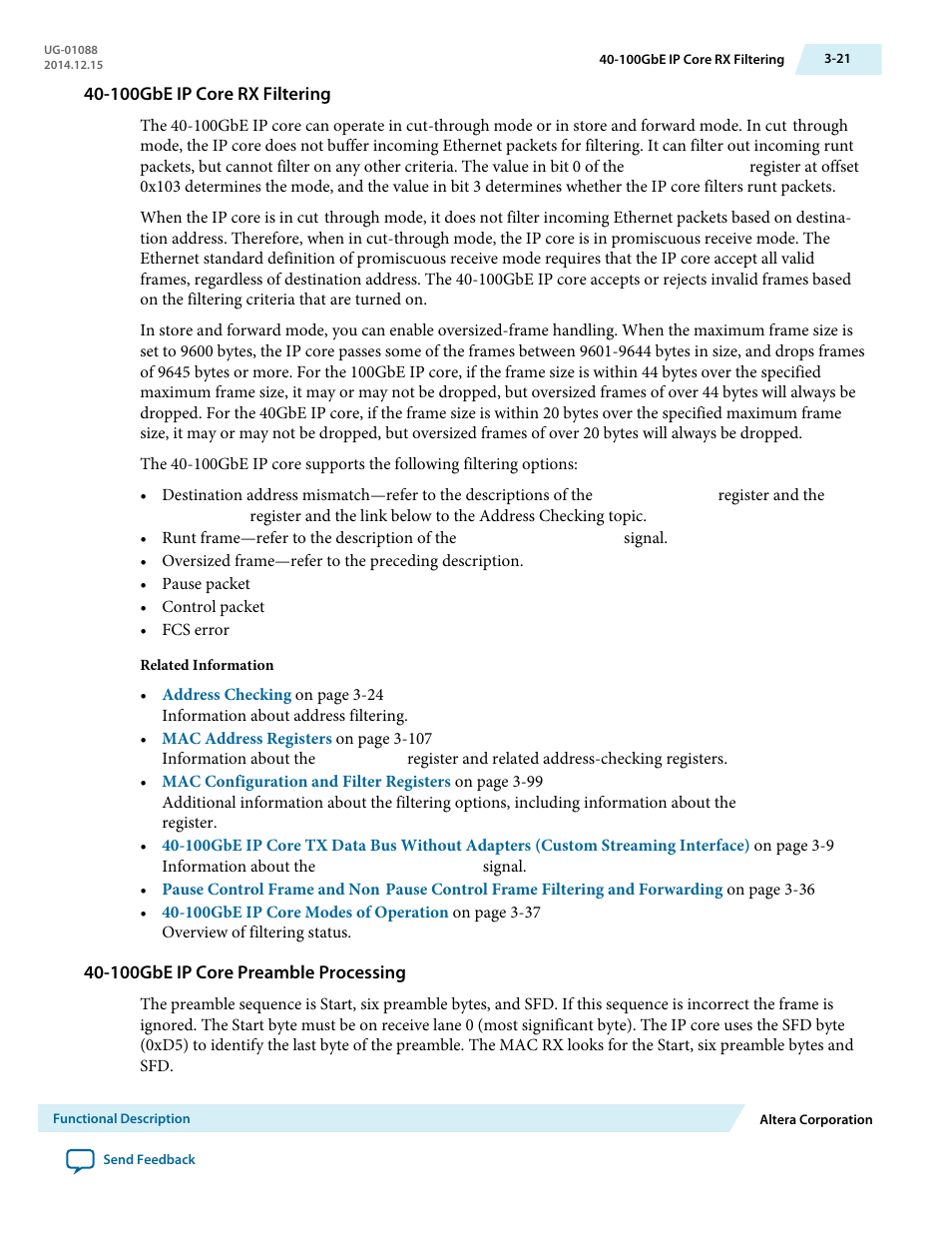 100gbe ip core rx filtering, 100gbe ip core preamble processing | Altera 40-Gbps Ethernet MAC and PHY MegaCore Function User Manual | Page 68 / 199