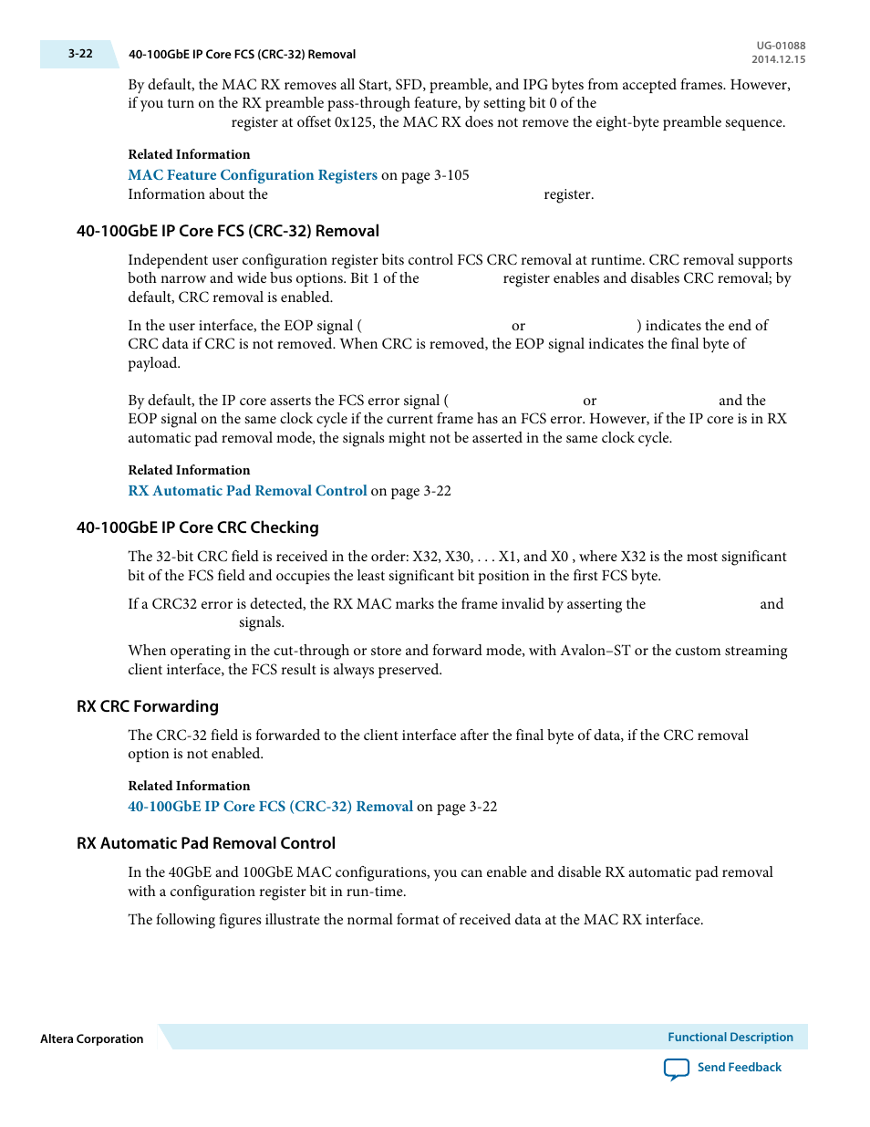 100gbe ip core fcs (crc-32) removal, 100gbe ip core crc checking, Rx crc forwarding | Rx automatic pad removal control | Altera 40-Gbps Ethernet MAC and PHY MegaCore Function User Manual | Page 69 / 199
