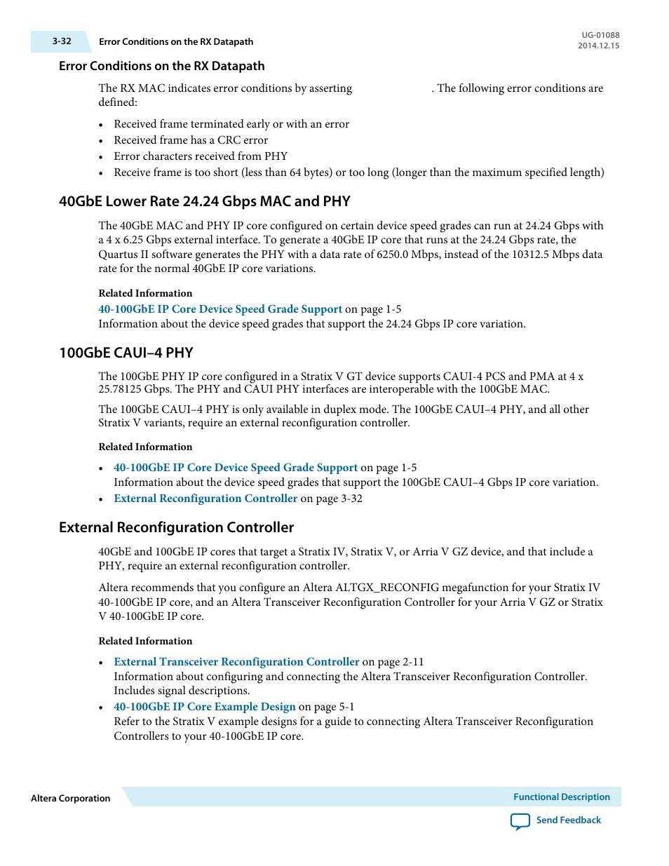 Error conditions on the rx datapath, 40gbe lower rate 24.24 gbps mac and phy, 100gbe caui–4 phy | External reconfiguration controller, 40gbe lower rate 24.24 gbps mac and phy -32, 100gbe caui–4 phy -32, External reconfiguration controller -32 | Altera 40-Gbps Ethernet MAC and PHY MegaCore Function User Manual | Page 79 / 199