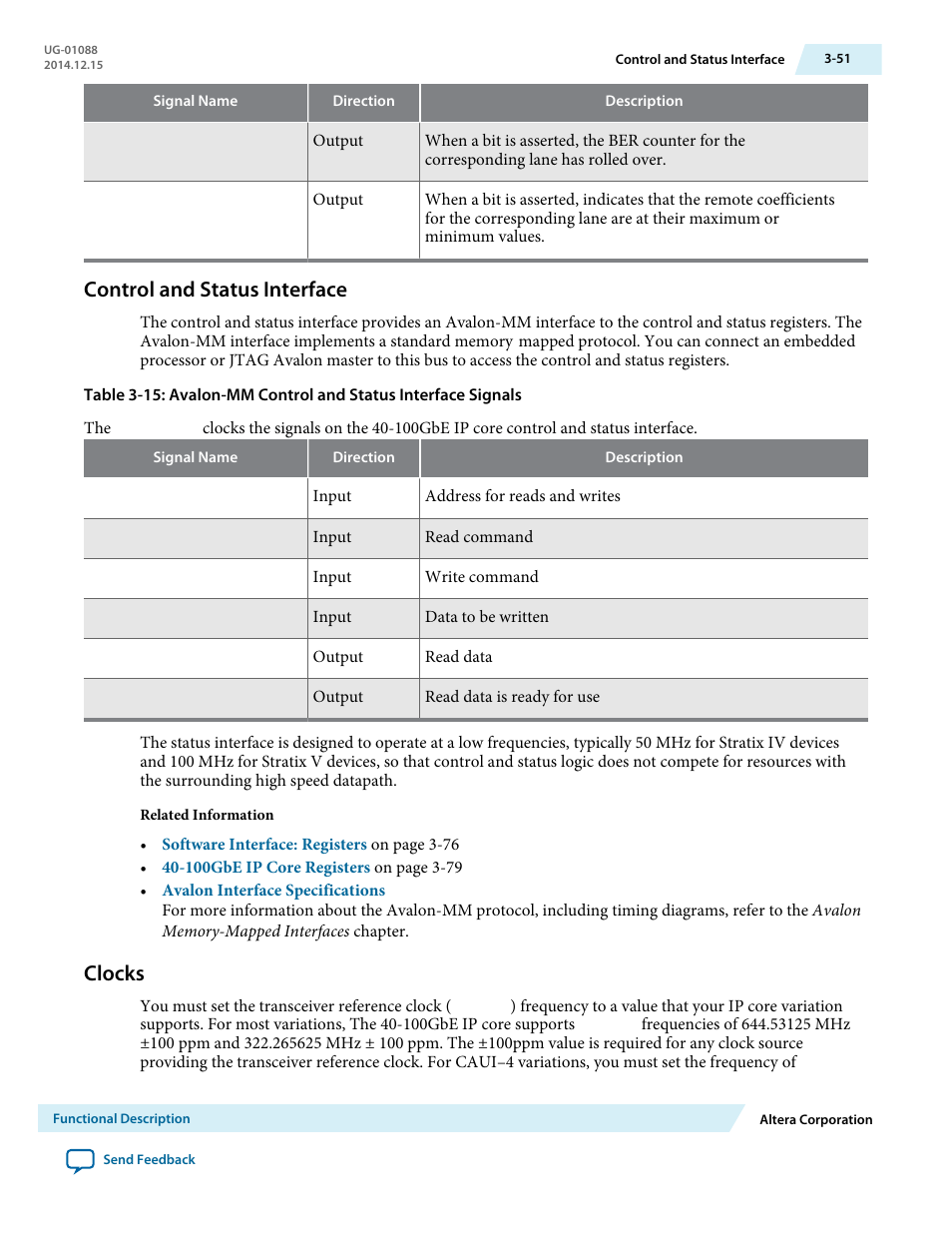 Control and status interface, Clocks, Control and status interface -51 | Clocks -51 | Altera 40-Gbps Ethernet MAC and PHY MegaCore Function User Manual | Page 98 / 199