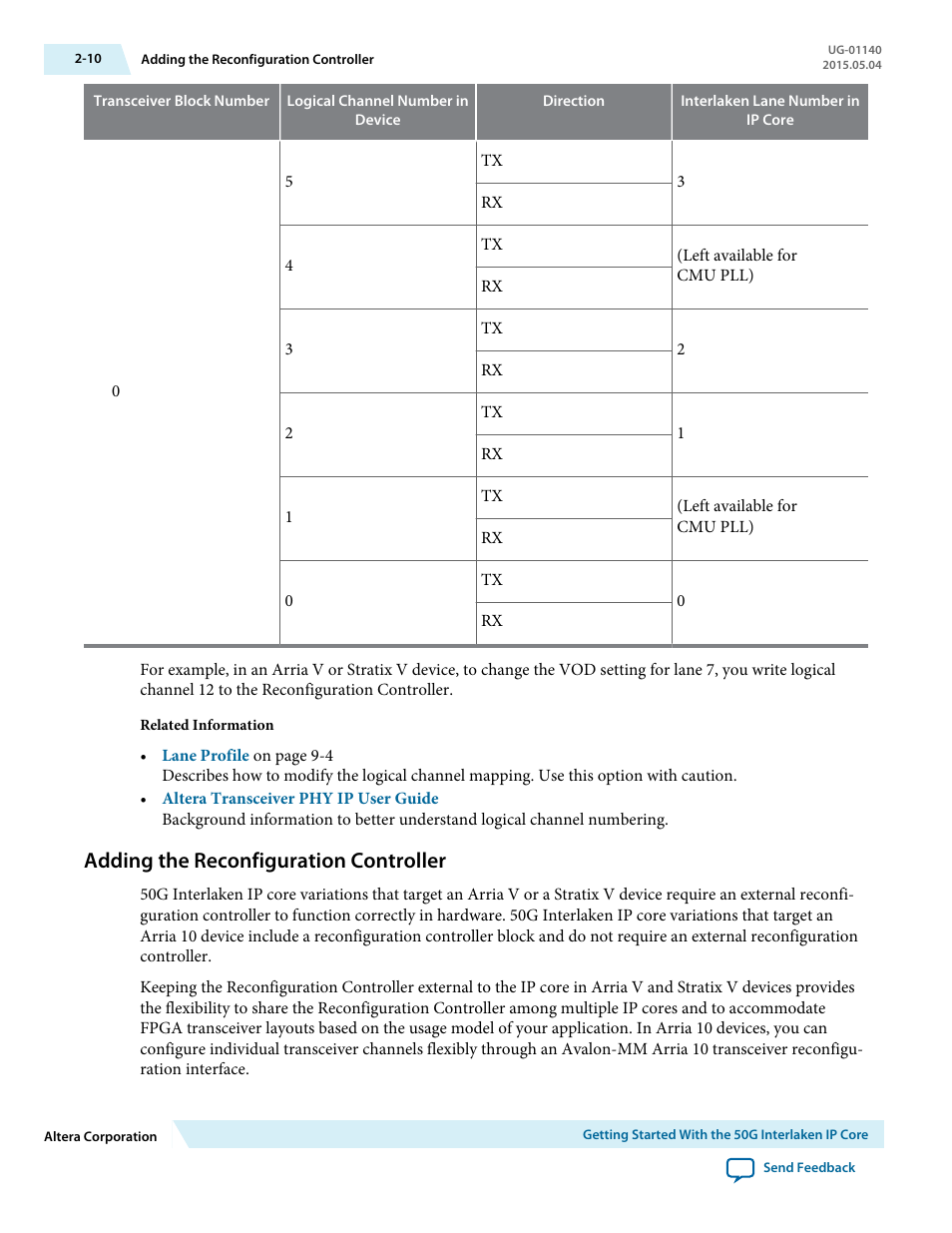 Adding the reconfiguration controller, Adding the reconfiguration controller -10 | Altera 50G Interlaken MegaCore Function User Manual | Page 19 / 94