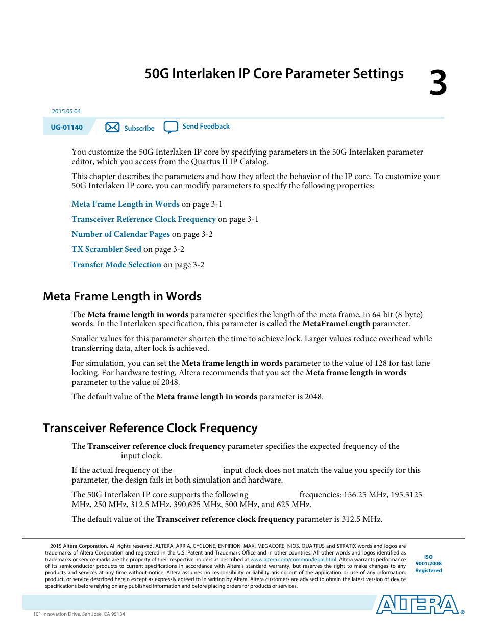 50g interlaken ip core parameter settings, Meta frame length in words, Transceiver reference clock frequency | 50g interlaken ip core parameter settings -1, Meta frame length in words -1, Transceiver reference clock frequency -1 | Altera 50G Interlaken MegaCore Function User Manual | Page 24 / 94