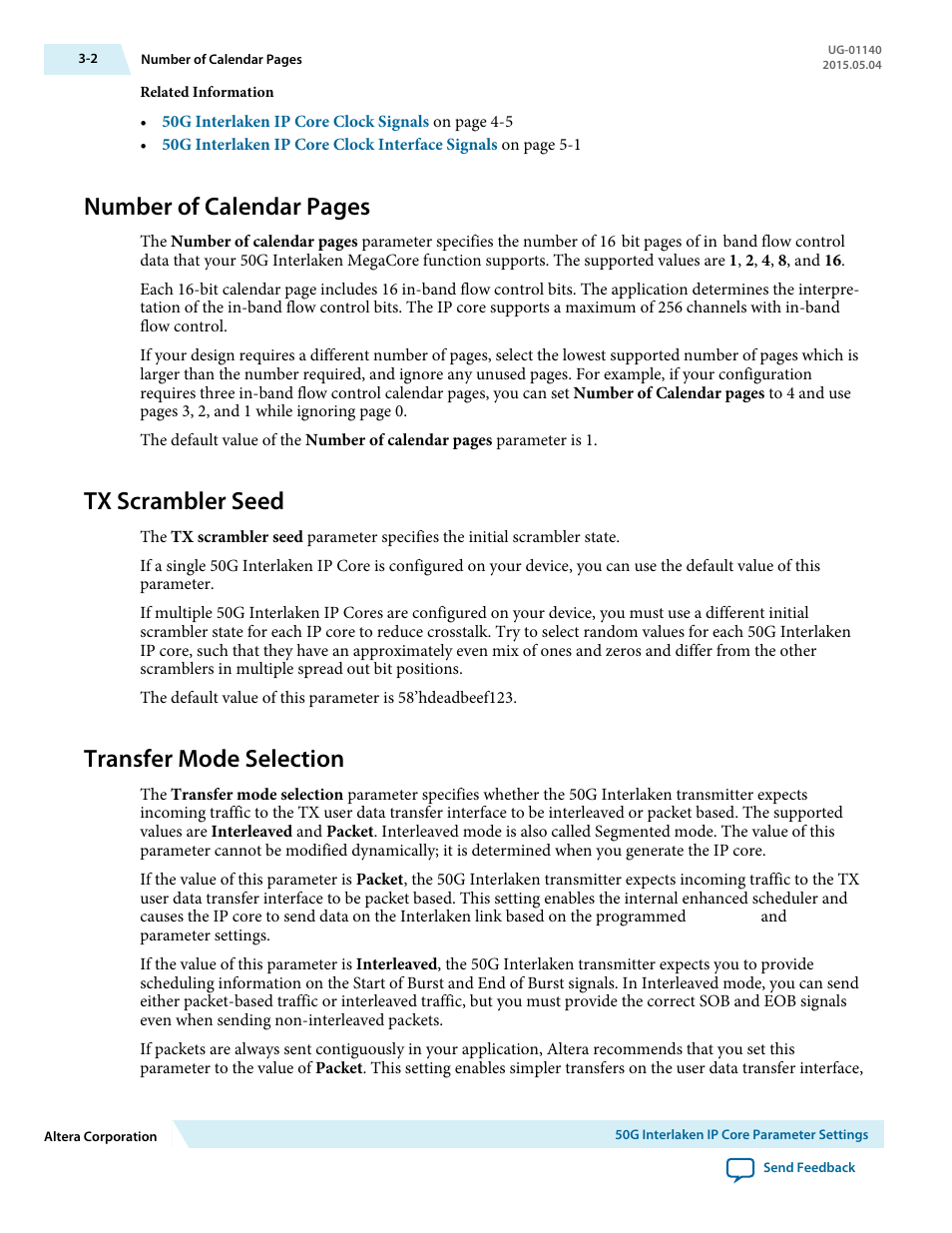 Tx scrambler seed, Transfer mode selection, Tx scrambler seed -2 | Transfer mode selection -2, Number of calendar pages | Altera 50G Interlaken MegaCore Function User Manual | Page 25 / 94