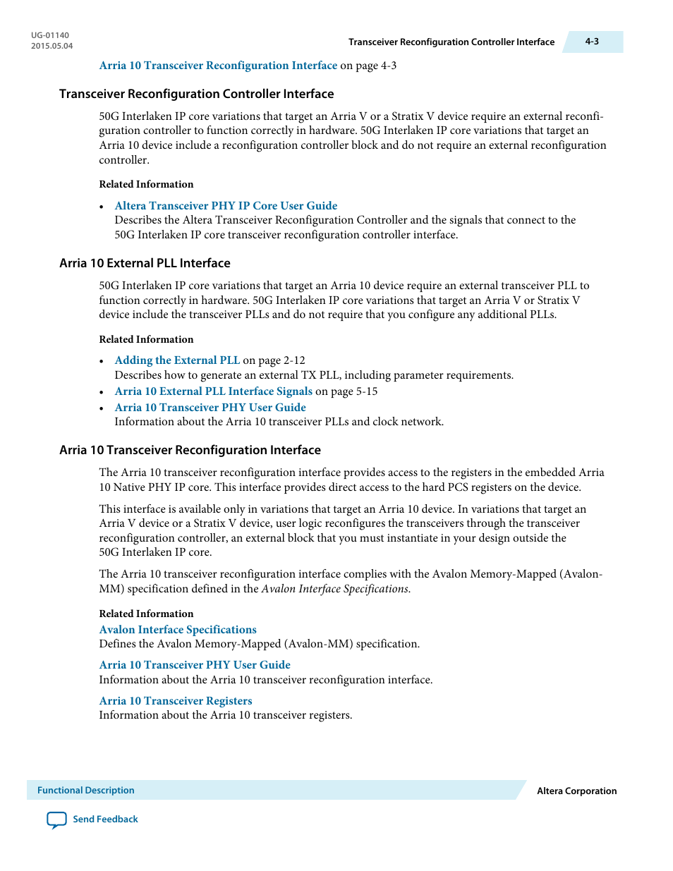 Transceiver reconfiguration controller interface, Arria 10 external pll interface, Arria 10 transceiver reconfiguration interface | Altera 50G Interlaken MegaCore Function User Manual | Page 29 / 94