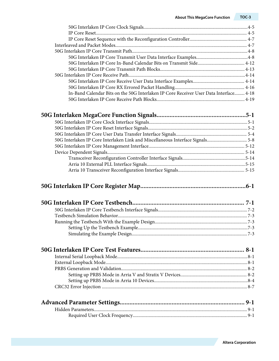 50g interlaken megacore function signals -1, 50g interlaken ip core test features -1, Advanced parameter settings -1 | Altera 50G Interlaken MegaCore Function User Manual | Page 3 / 94
