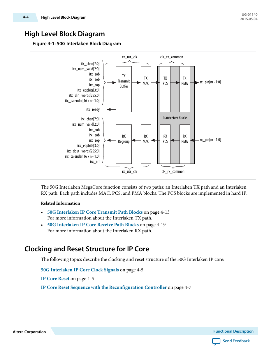 High level block diagram, Clocking and reset structure for ip core, High level block diagram -4 | Clocking and reset structure for ip core -4 | Altera 50G Interlaken MegaCore Function User Manual | Page 30 / 94