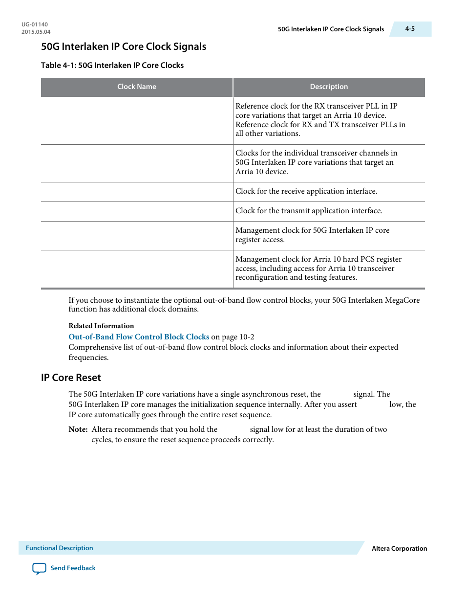 50g interlaken ip core clock signals, Ip core reset, 50g interlaken ip core clock signals -5 | Ip core reset -5 | Altera 50G Interlaken MegaCore Function User Manual | Page 31 / 94