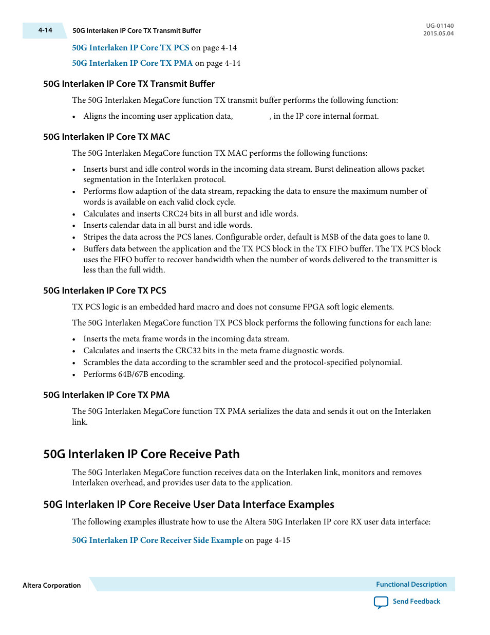 50g interlaken ip core tx transmit buffer, 50g interlaken ip core tx mac, 50g interlaken ip core tx pcs | 50g interlaken ip core tx pma, 50g interlaken ip core receive path, 50g interlaken ip core receive path -14 | Altera 50G Interlaken MegaCore Function User Manual | Page 40 / 94
