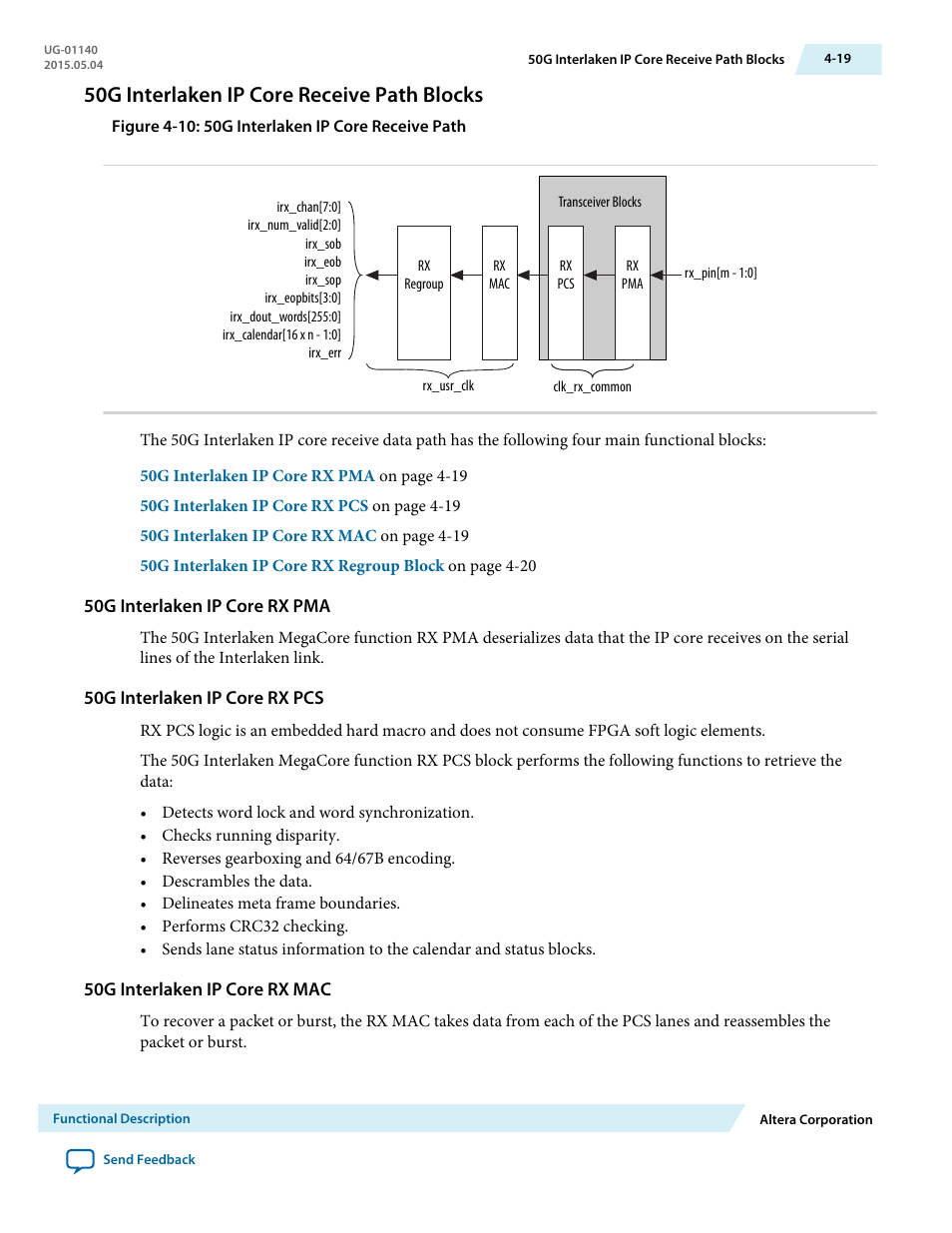50g interlaken ip core receive path blocks, 50g interlaken ip core rx pma, 50g interlaken ip core rx pcs | 50g interlaken ip core rx mac, 50g interlaken ip core receive path blocks -19 | Altera 50G Interlaken MegaCore Function User Manual | Page 45 / 94