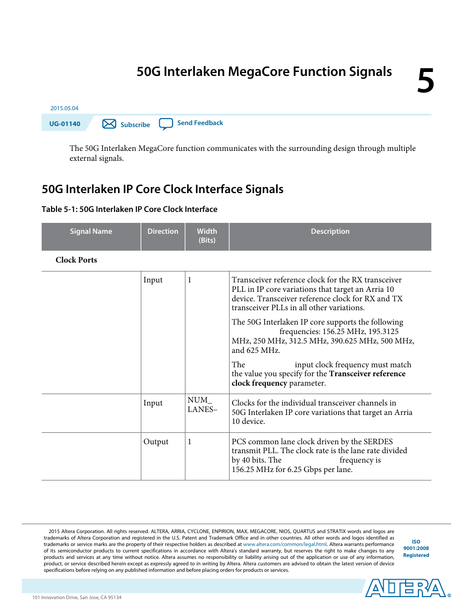 50g interlaken megacore function signals, 50g interlaken ip core clock interface signals, 50g interlaken megacore function signals -1 | 50g interlaken ip core clock interface signals -1 | Altera 50G Interlaken MegaCore Function User Manual | Page 47 / 94