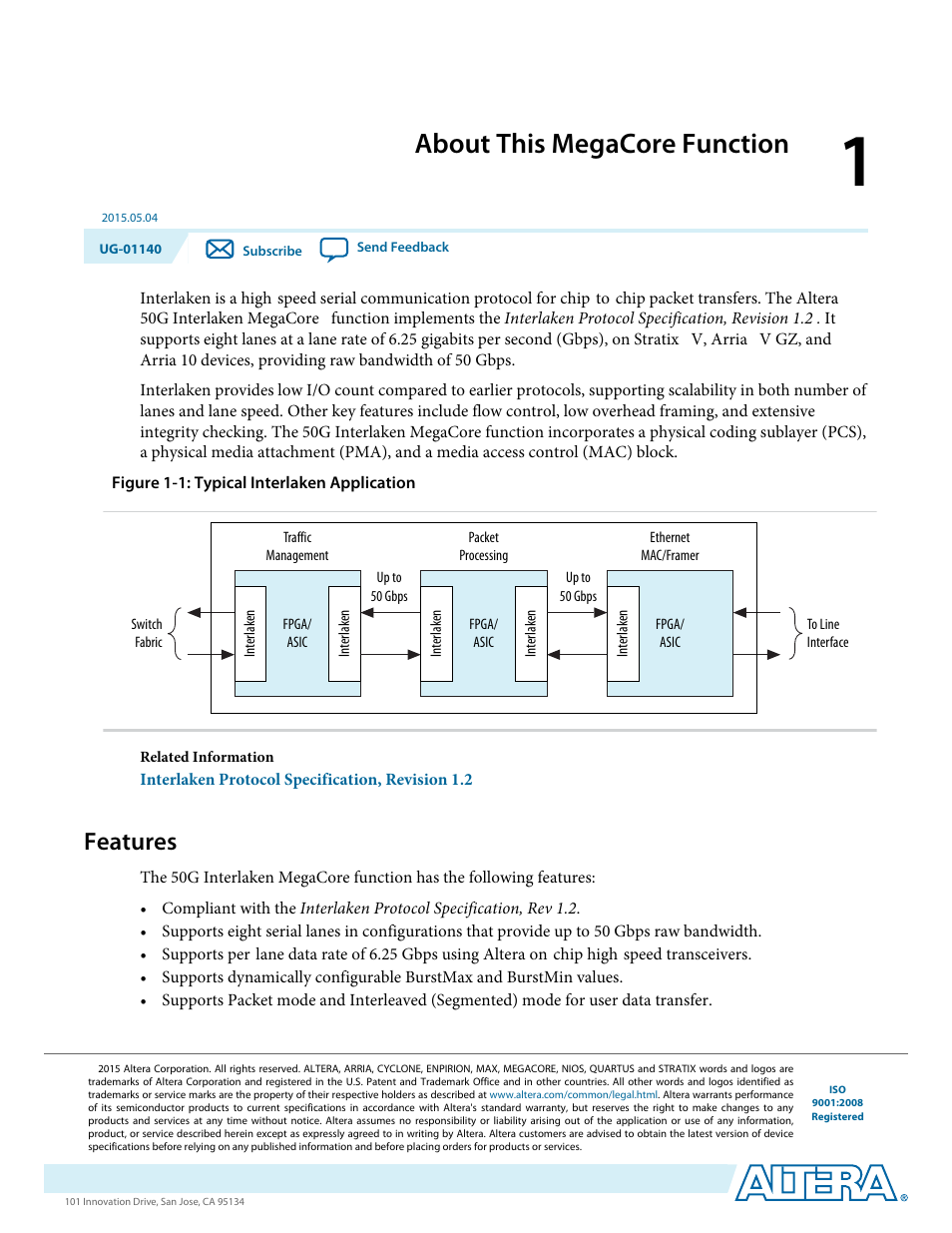 About this megacore function, Features, About this megacore function -1 | Features -1 | Altera 50G Interlaken MegaCore Function User Manual | Page 5 / 94