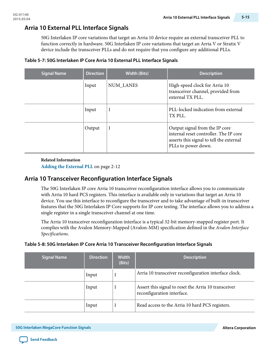 Arria 10 external pll interface signals, Arria 10 external pll interface signals -15 | Altera 50G Interlaken MegaCore Function User Manual | Page 61 / 94