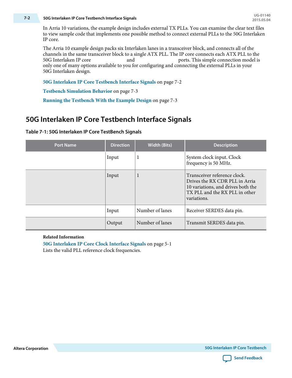50g interlaken ip core testbench interface signals | Altera 50G Interlaken MegaCore Function User Manual | Page 69 / 94