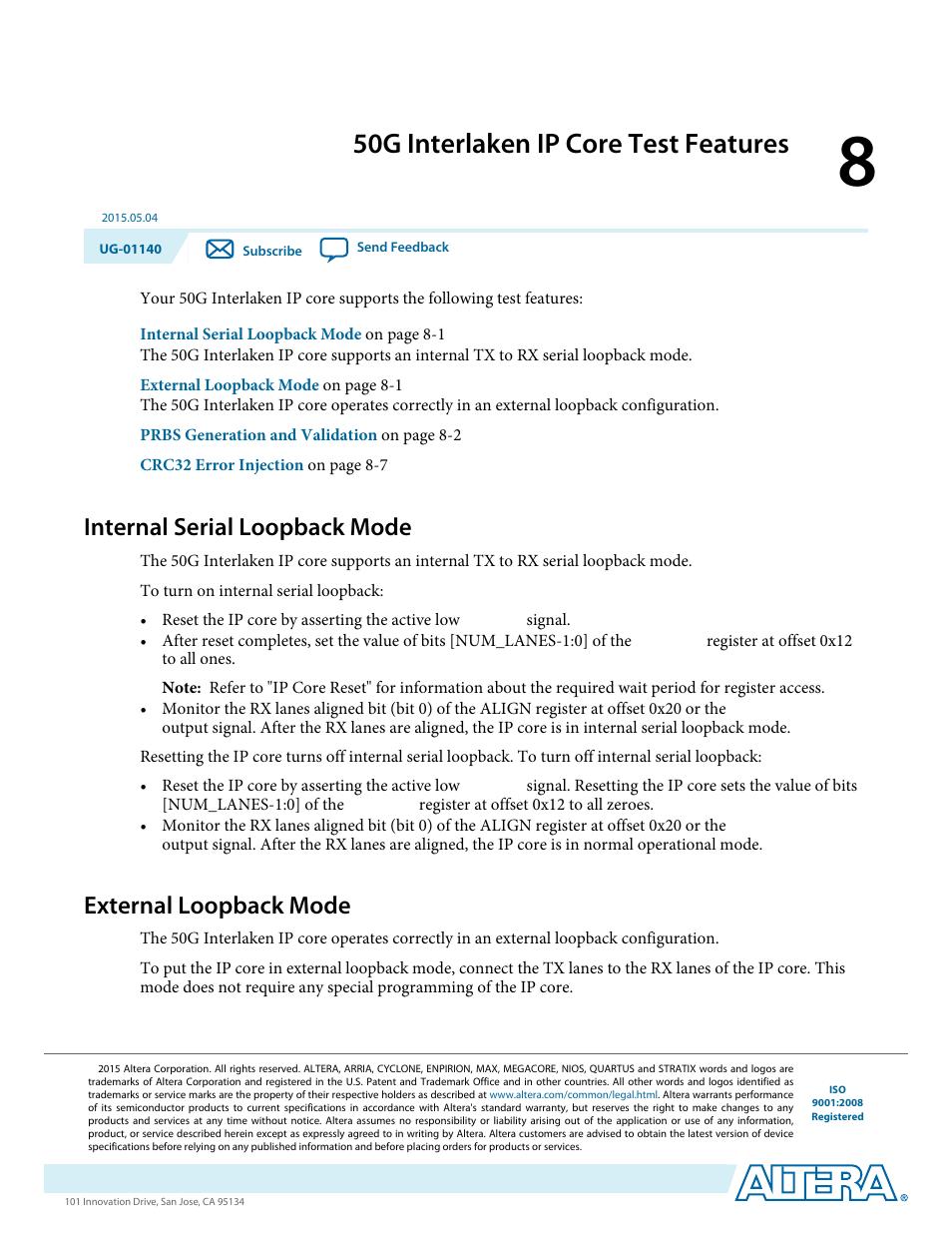 50g interlaken ip core test features, Internal serial loopback mode, External loopback mode | 50g interlaken ip core test features -1, Internal serial loopback mode -1, External loopback mode -1 | Altera 50G Interlaken MegaCore Function User Manual | Page 72 / 94