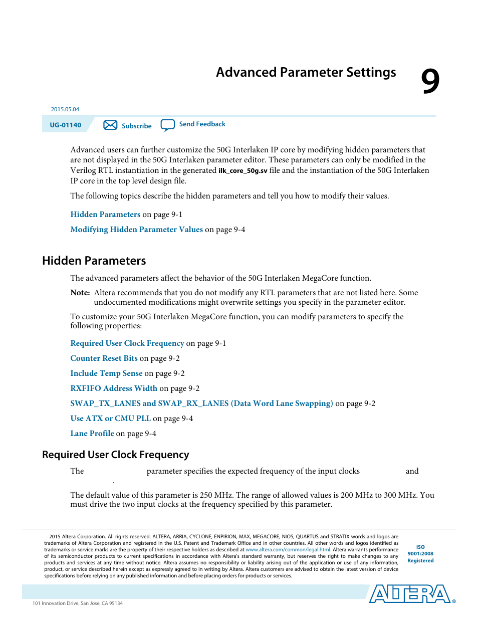Advanced parameter settings, Hidden parameters, Required user clock frequency | Advanced parameter settings -1, Hidden parameters -1, Required user clock frequency -1 | Altera 50G Interlaken MegaCore Function User Manual | Page 79 / 94