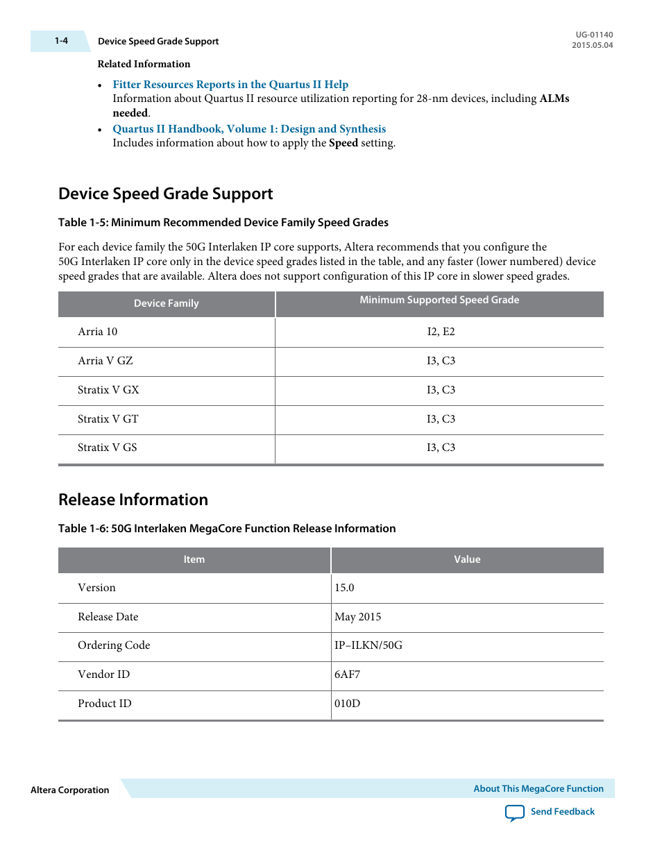 Device speed grade support, Release information, Device speed grade support -4 | Release information -4 | Altera 50G Interlaken MegaCore Function User Manual | Page 8 / 94