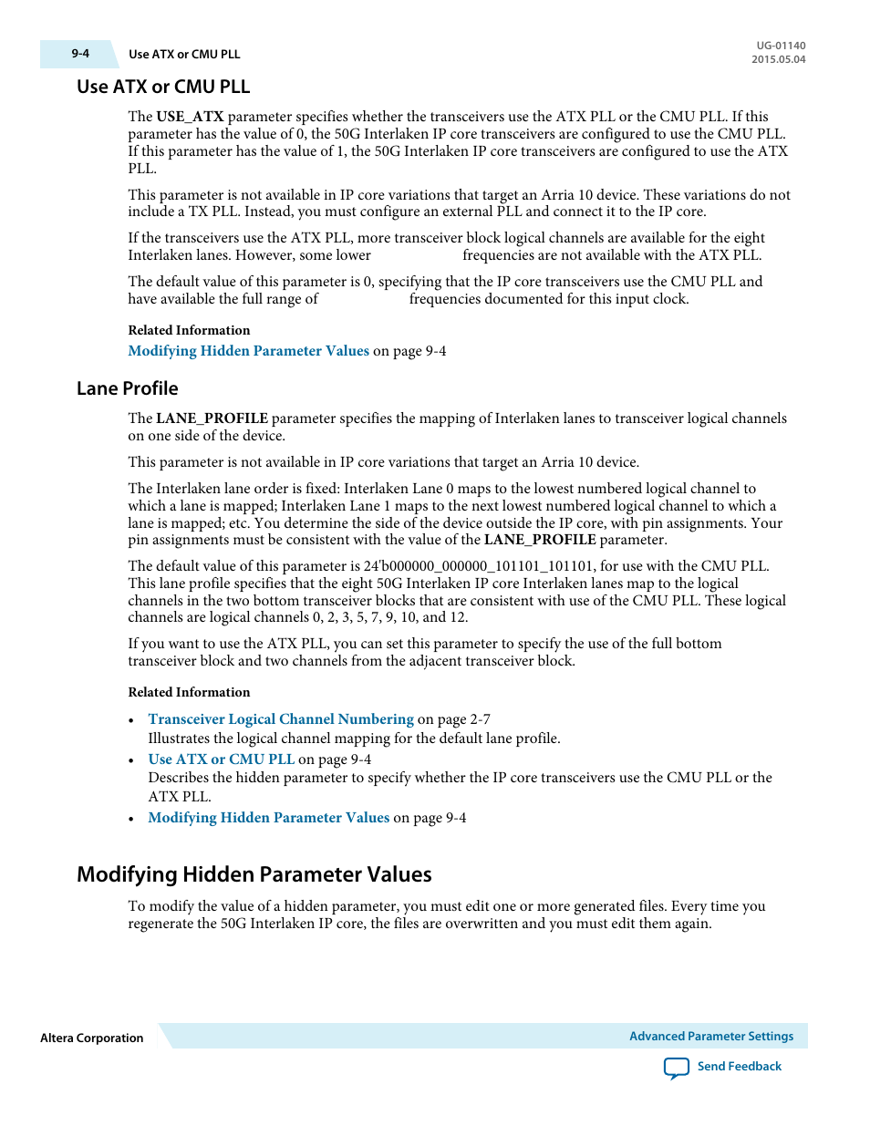Use atx or cmu pll, Lane profile, Modifying hidden parameter values | Use atx or cmu pll -4, Lane profile -4, Modifying hidden parameter values -4 | Altera 50G Interlaken MegaCore Function User Manual | Page 82 / 94