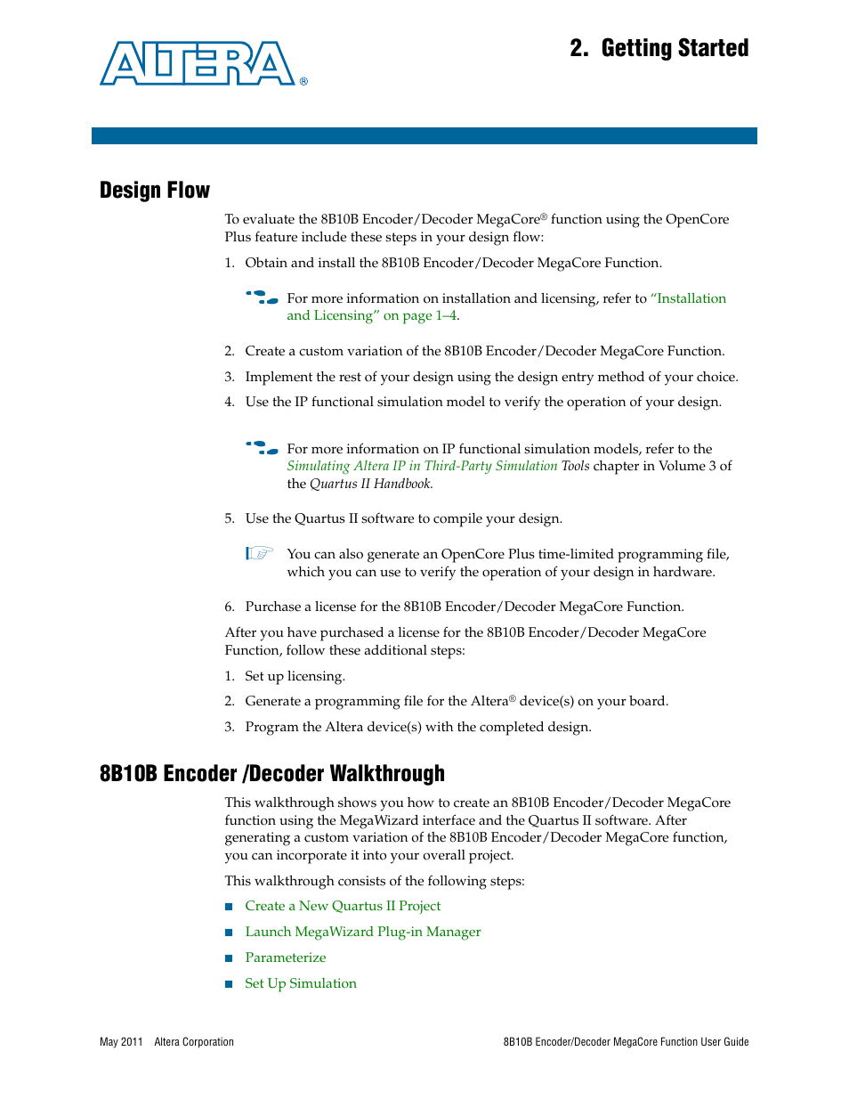 Getting started, Design flow, 8b10b encoder /decoder walkthrough | Chapter 2. getting started | Altera 8B10B Encoder/Decoder MegaCore Function User Manual | Page 11 / 32