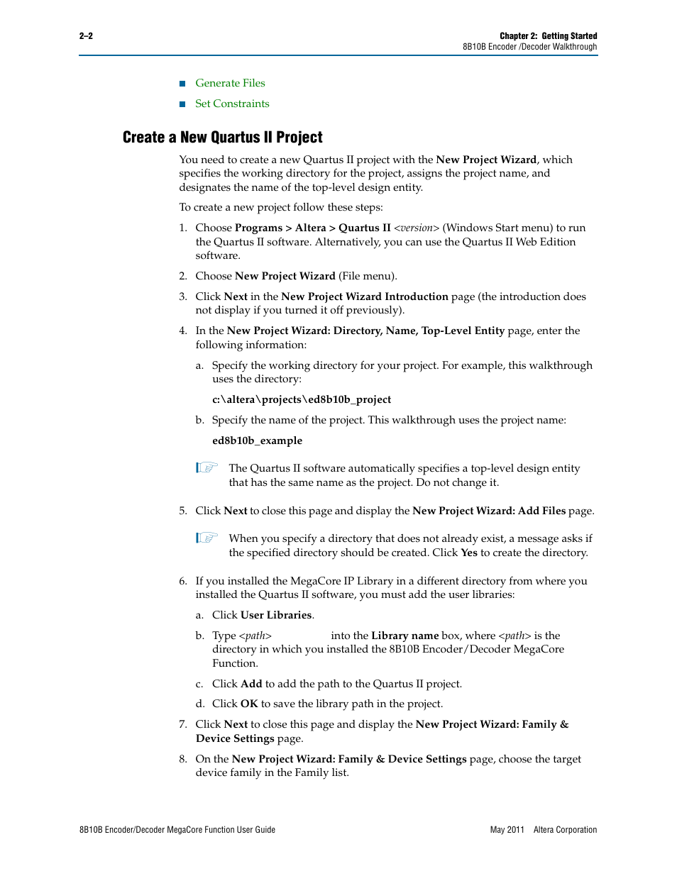 Create a new quartus ii project, Create a new quartus ii project –2 | Altera 8B10B Encoder/Decoder MegaCore Function User Manual | Page 12 / 32