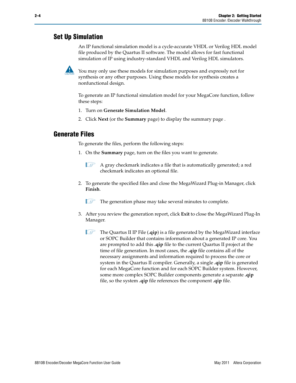 Set up simulation, Generate files, Set up simulation –4 generate files –4 | Altera 8B10B Encoder/Decoder MegaCore Function User Manual | Page 14 / 32