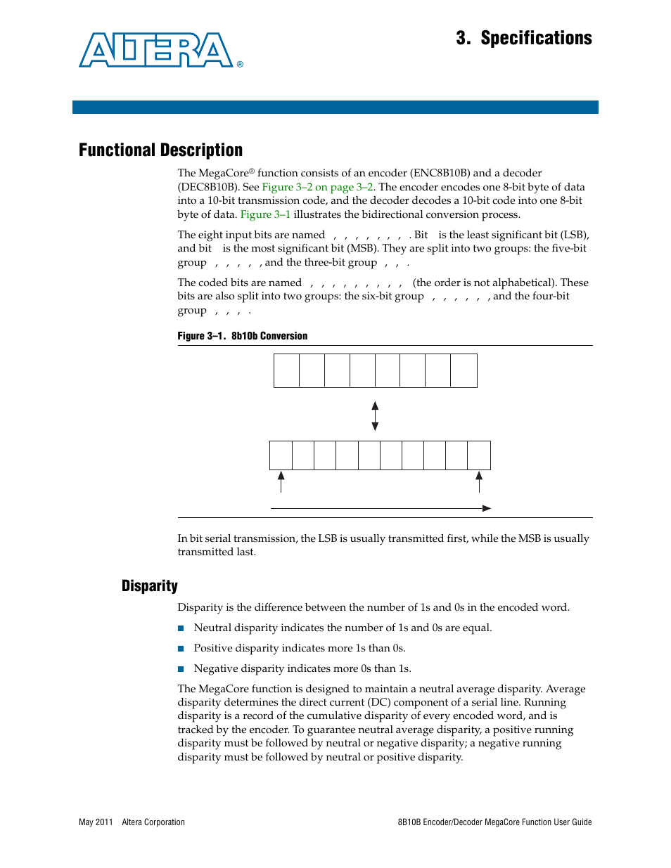 Specifications, Functional description, Disparity | Chapter 3. specifications, Functional description –1, Disparity –1 | Altera 8B10B Encoder/Decoder MegaCore Function User Manual | Page 19 / 32