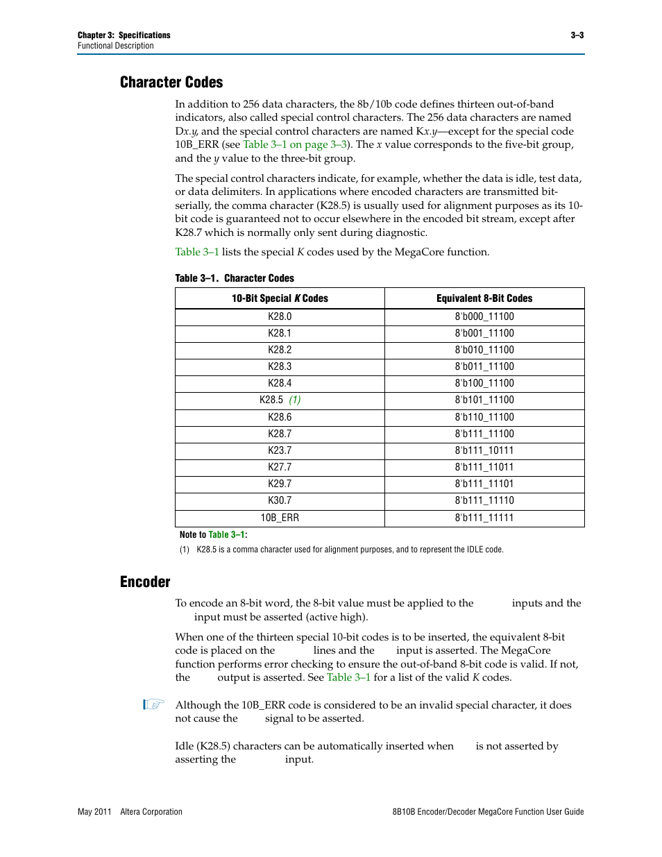Character codes, Encoder, Character codes –3 encoder –3 | Altera 8B10B Encoder/Decoder MegaCore Function User Manual | Page 21 / 32