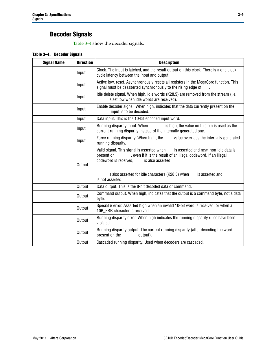Decoder signals, Decoder signals –9 | Altera 8B10B Encoder/Decoder MegaCore Function User Manual | Page 27 / 32