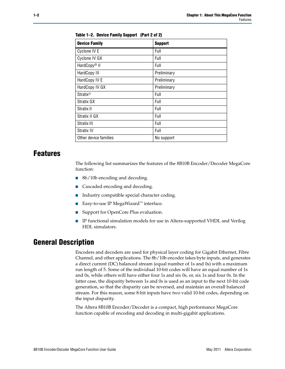 Features, General description, Features –2 general description –2 | Altera 8B10B Encoder/Decoder MegaCore Function User Manual | Page 6 / 32