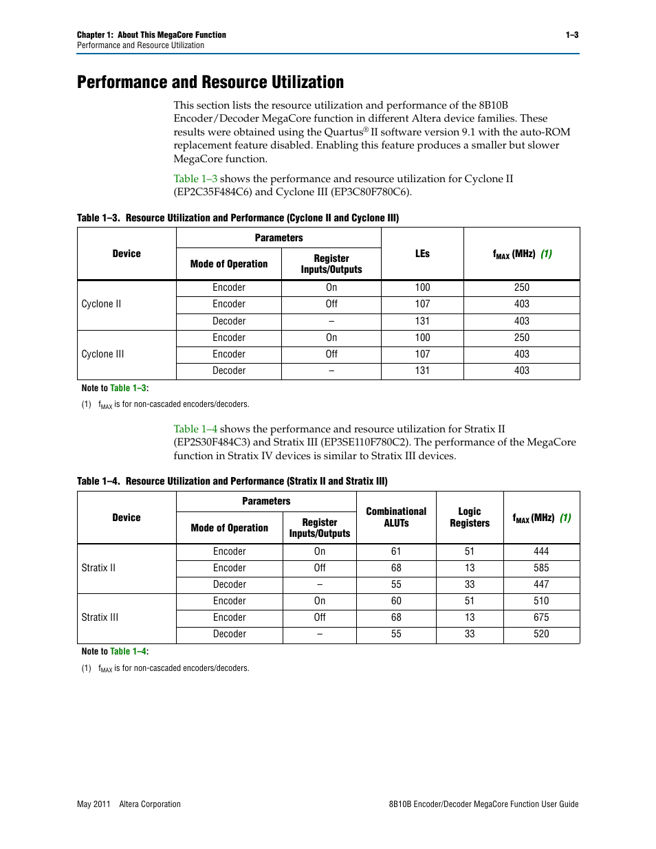 Performance and resource utilization, Performance and resource utilization –3 | Altera 8B10B Encoder/Decoder MegaCore Function User Manual | Page 7 / 32