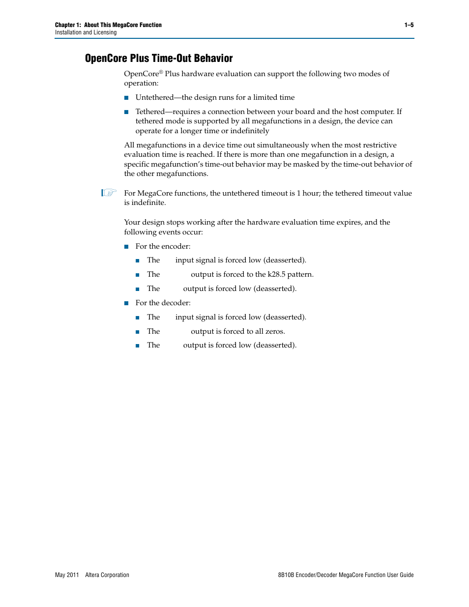 Opencore plus time-out behavior, Opencore plus time-out behavior –5 | Altera 8B10B Encoder/Decoder MegaCore Function User Manual | Page 9 / 32