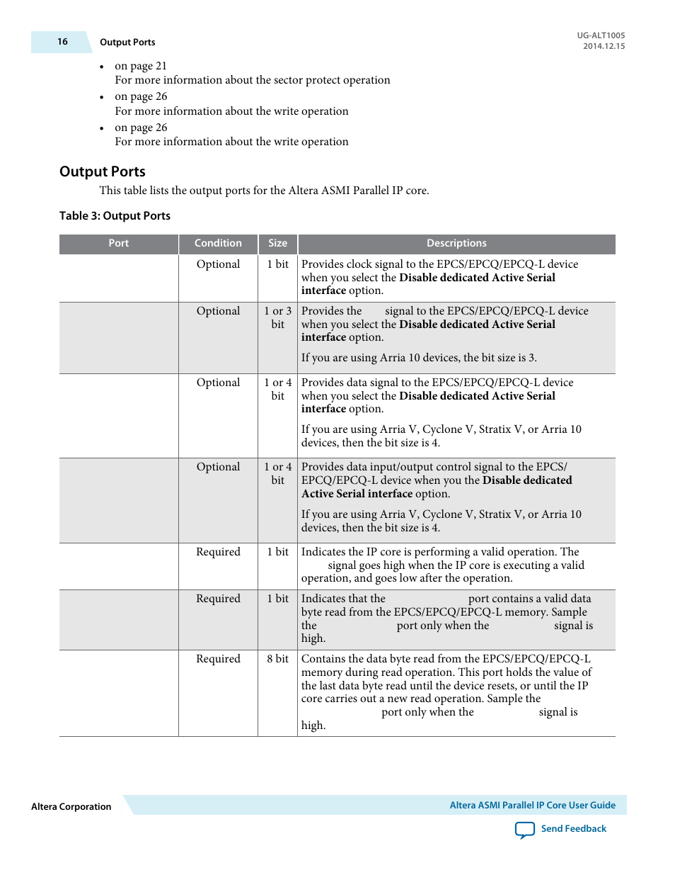 Output ports | Altera Active Serial Memory Interface User Manual | Page 16 / 36