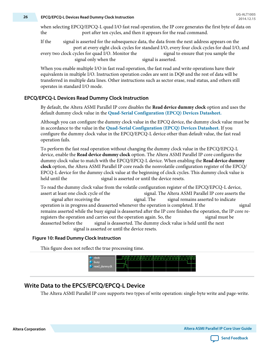 Epcq/epcq-l devices read dummy clock instruction, Write data to the epcs/epcq/epcq-l device | Altera Active Serial Memory Interface User Manual | Page 26 / 36