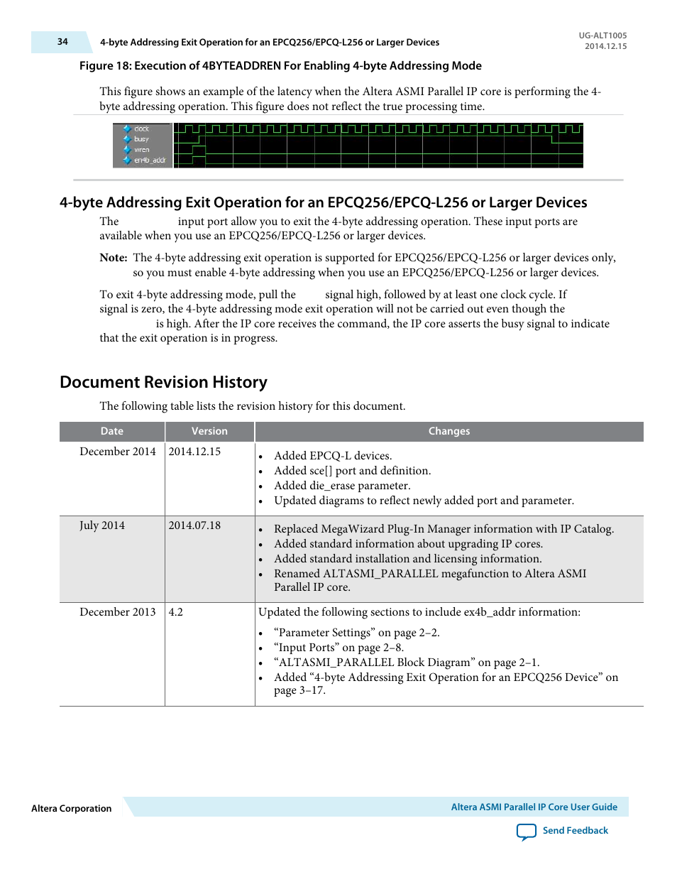 Document revision history | Altera Active Serial Memory Interface User Manual | Page 34 / 36
