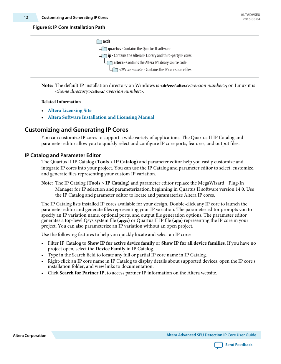 Customizing and generating ip cores, Ip catalog and parameter editor | Altera Advanced SEU Detection IP Core User Manual | Page 12 / 22