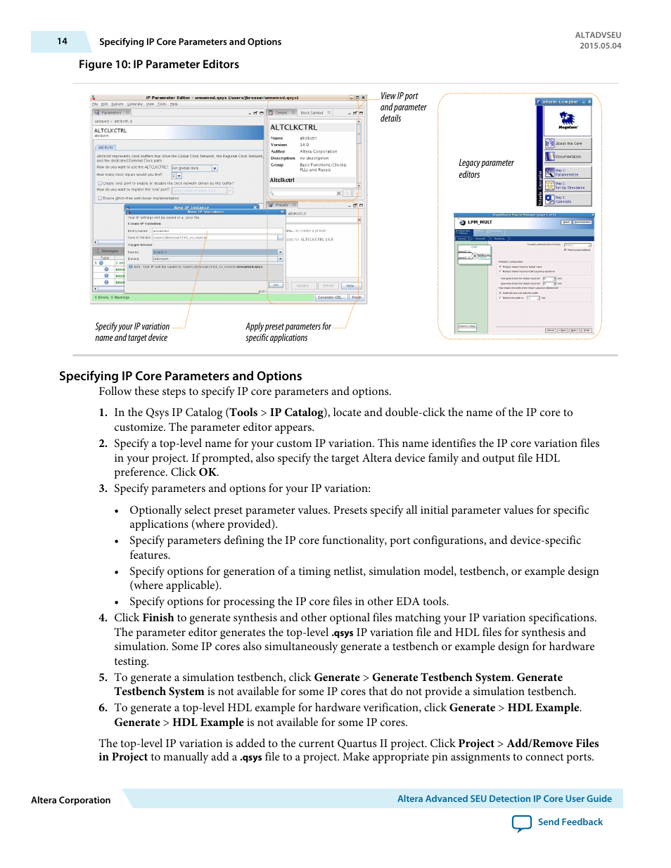 Specifying ip core parameters and options | Altera Advanced SEU Detection IP Core User Manual | Page 14 / 22