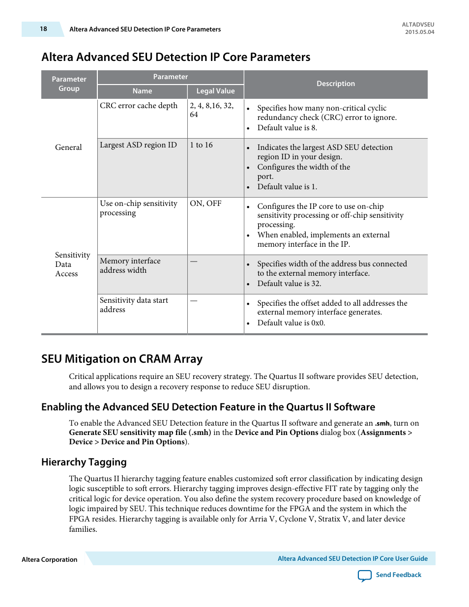 Altera advanced seu detection ip core parameters, Seu mitigation on cram array, Hierarchy tagging | Altera Advanced SEU Detection IP Core User Manual | Page 18 / 22