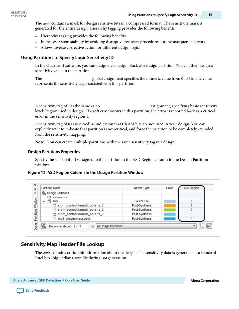 Using partitions to specify logic sensitivity id, Design partitions properties, Sensitivity map header file lookup | Altera Advanced SEU Detection IP Core User Manual | Page 19 / 22