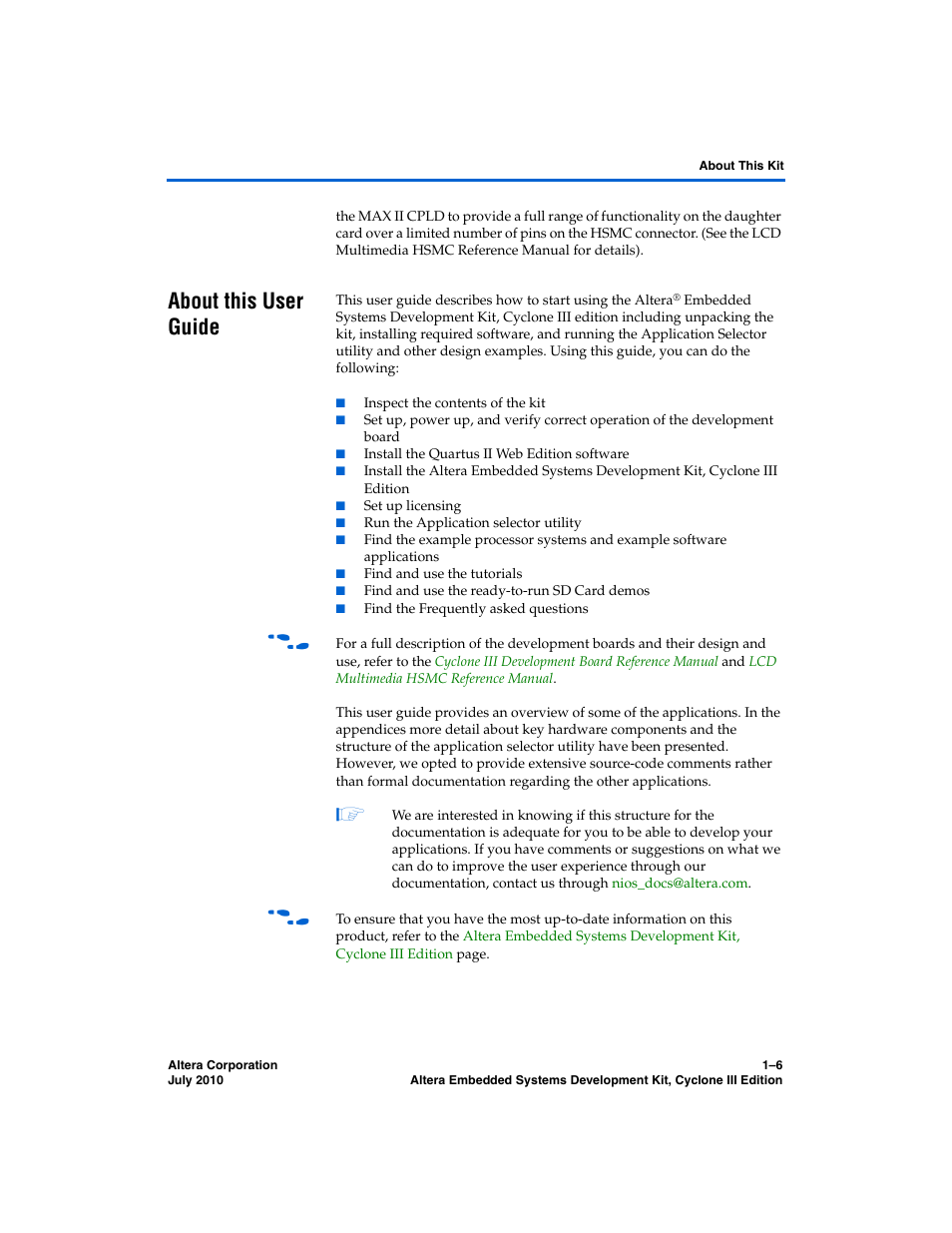 About this user guide, About this user guide –6 | Altera Embedded Systems Development Kit, Cyclone III Edition User Manual | Page 12 / 82