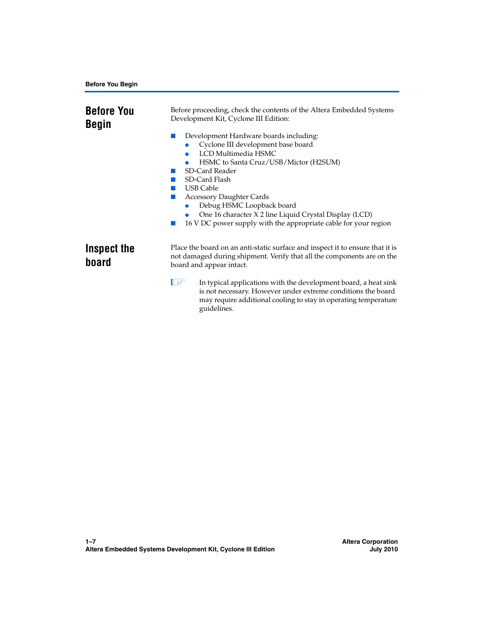 Before you begin, Inspect the board, Before you begin –7 inspect the board –7 | Altera Embedded Systems Development Kit, Cyclone III Edition User Manual | Page 13 / 82