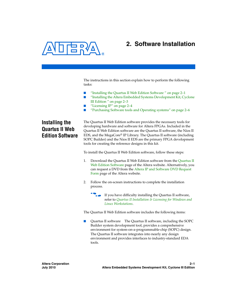 Software installation, Installing the quartus ii web edition software, Chapter 2. software installation | Installing the quartus ii web edition software –1 | Altera Embedded Systems Development Kit, Cyclone III Edition User Manual | Page 15 / 82
