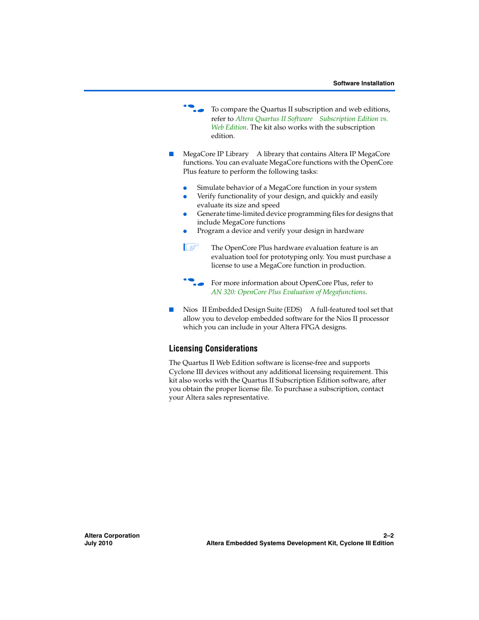 Licensing considerations | Altera Embedded Systems Development Kit, Cyclone III Edition User Manual | Page 16 / 82