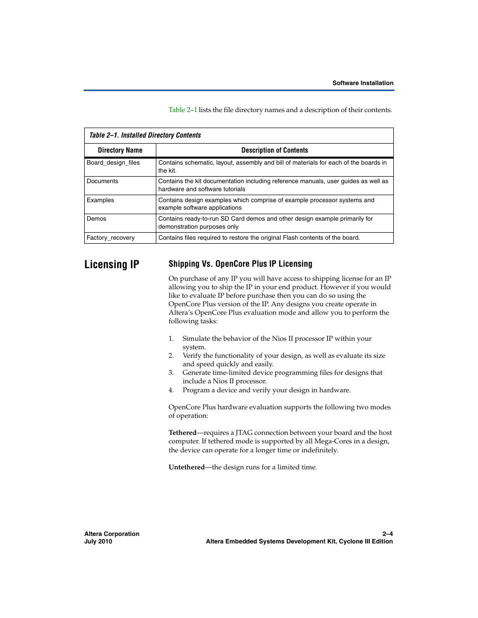 Licensing ip, Shipping vs. opencore plus ip licensing, Licensing ip –4 | Altera Embedded Systems Development Kit, Cyclone III Edition User Manual | Page 18 / 82