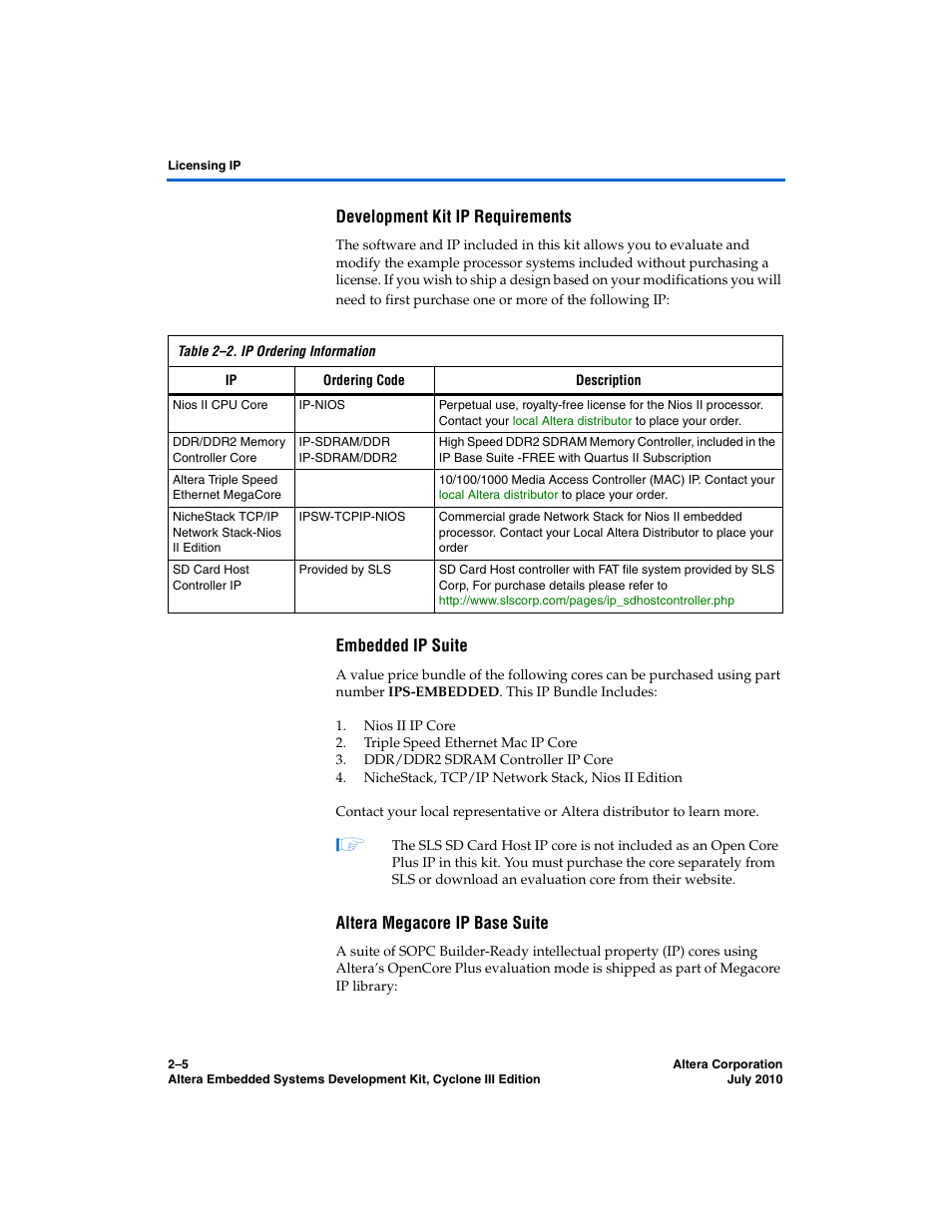 Development kit ip requirements, Embedded ip suite, Altera megacore ip base suite | Altera Embedded Systems Development Kit, Cyclone III Edition User Manual | Page 19 / 82